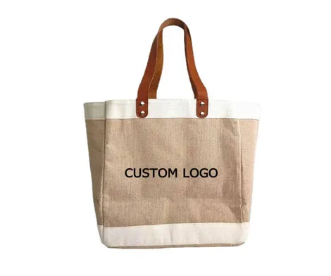 Jute Tote Bag with Leather Handles
