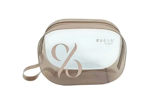 Transparent Brown PVC Zipper Cosmetic Bag with Wrist Strap