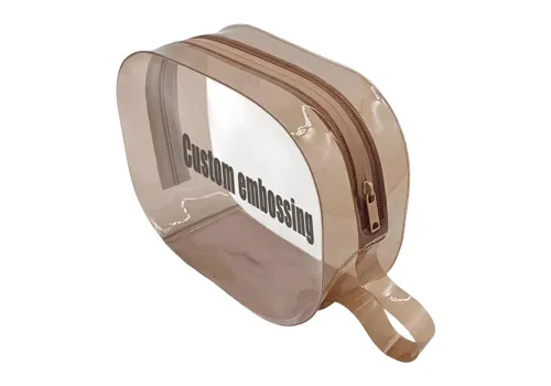 Transparent Brown PVC Zipper Cosmetic Bag with Wrist Strap